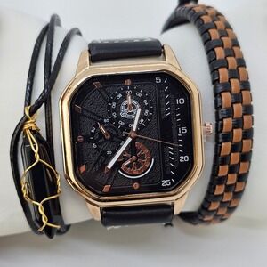 3PC Men's Gift‎ Set Fashion Watch Set Luxury Leather Bracelet and Necklace